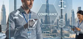 Engineers analyze legal compliance challenges in the Middle East via an interactive digital interface.