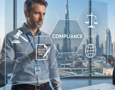 Engineers analyze legal compliance challenges in the Middle East via an interactive digital interface.