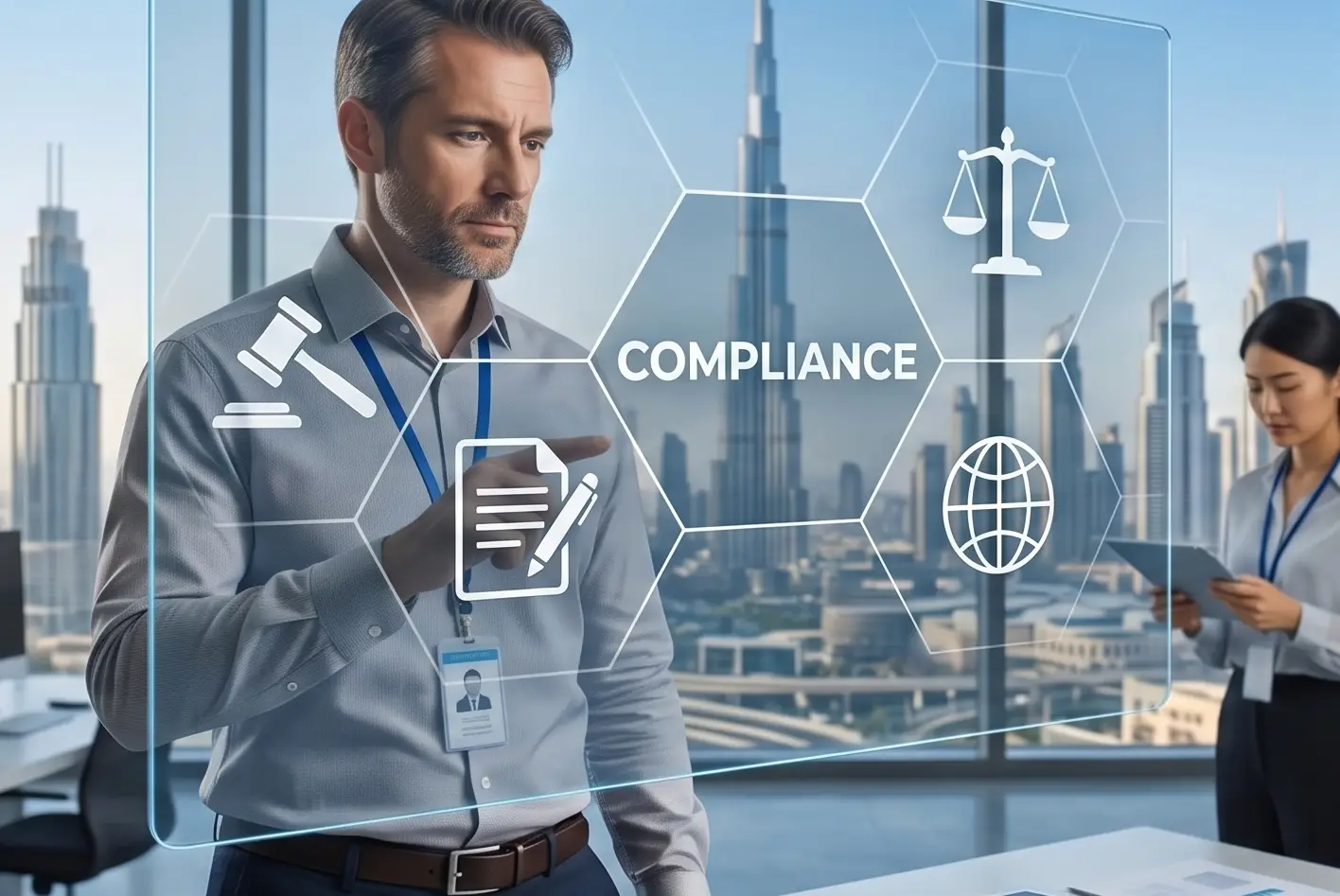 Engineers analyze legal compliance challenges in the Middle East via an interactive digital interface.